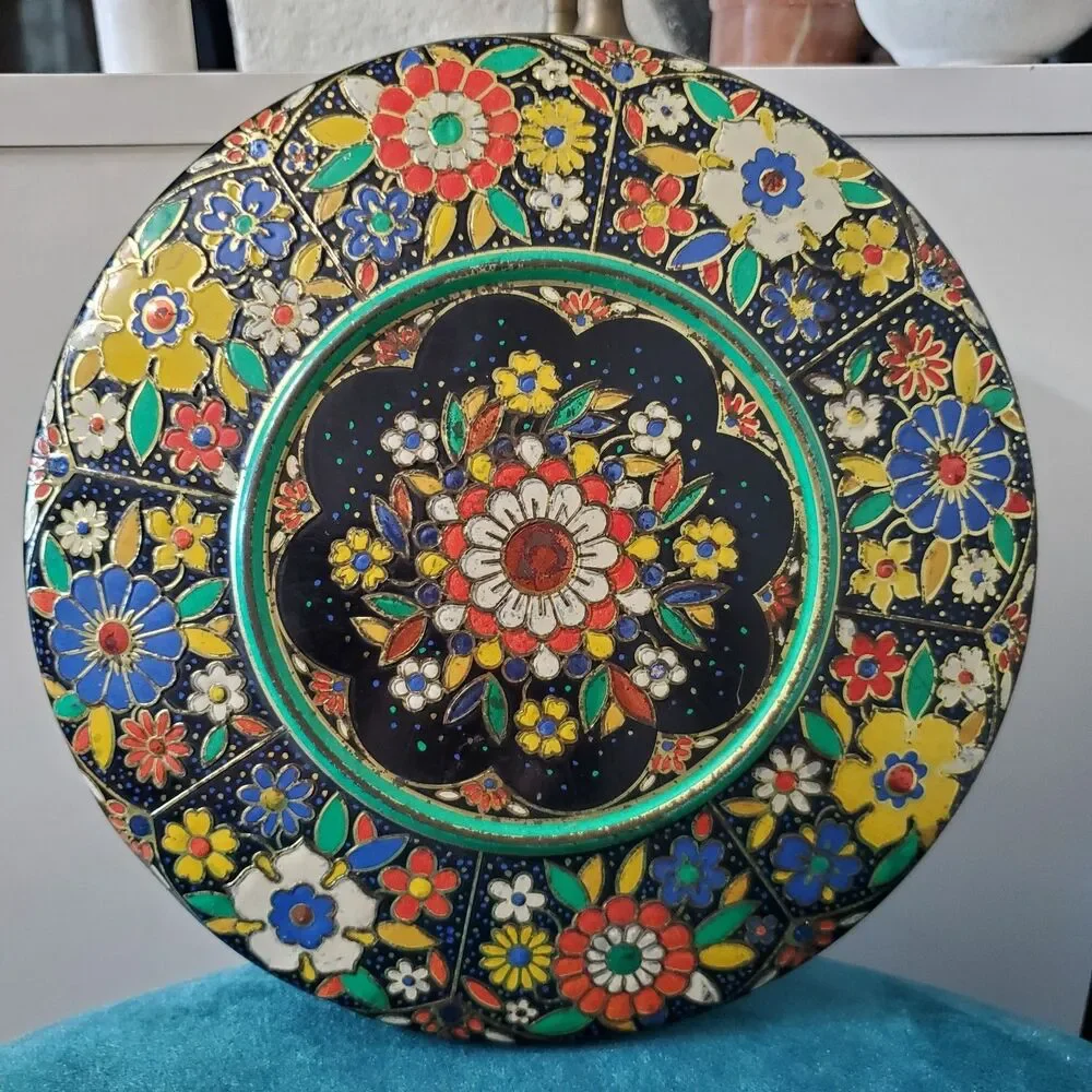 Vintage Floral Cloisonné Like Tin Metal Container With Lid Colorful 8